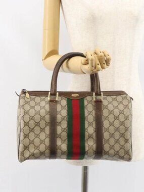 GUCCI GG Supreme Web Sherry Line Boston Bag PVC Beige 69 012 3842 Auth 159227